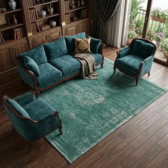 Gray and Green Medallion Non Skid Area Rug Photo 1