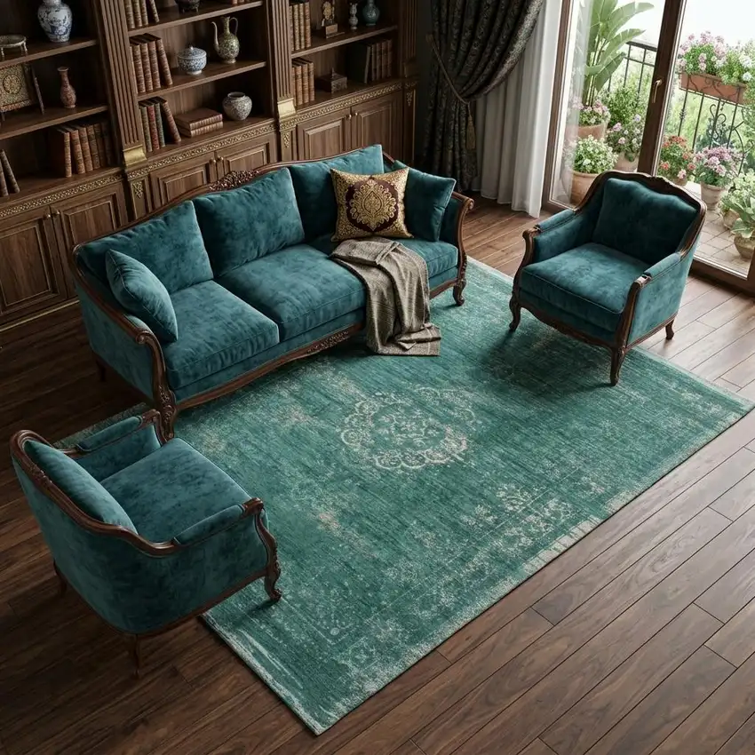 Gray and Green Medallion Non Skid Area Rug Photo 1