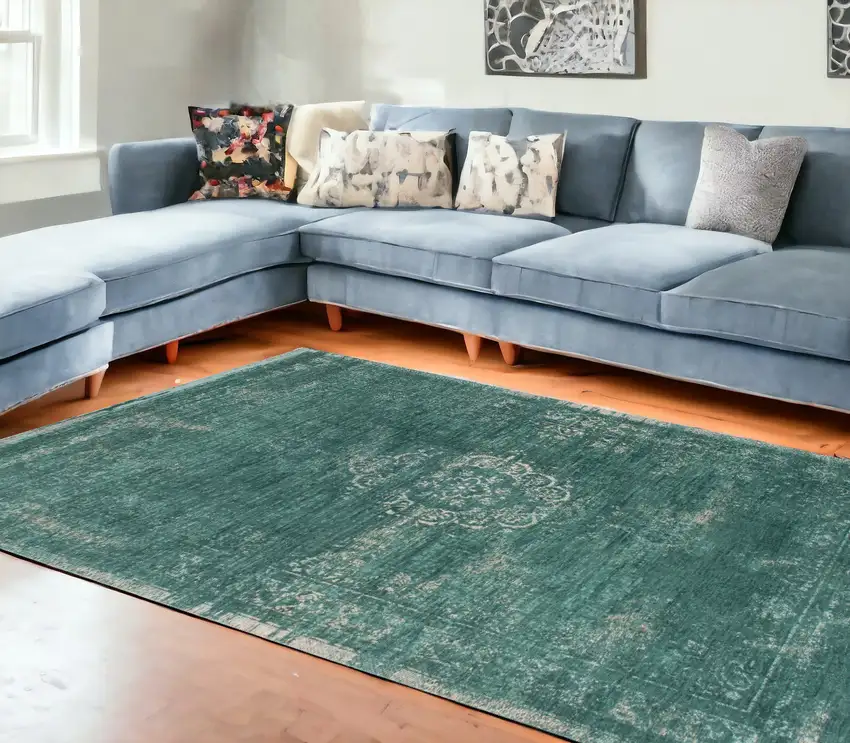 Gray and Green Medallion Non Skid Area Rug Photo 1