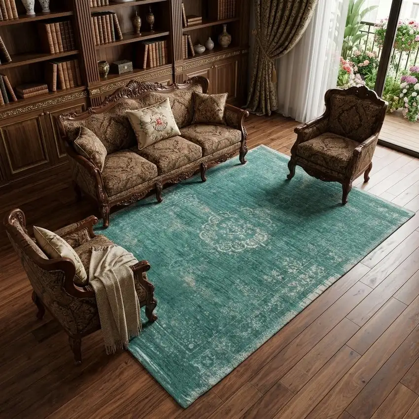 Gray and Green Medallion Non Skid Area Rug Photo 1