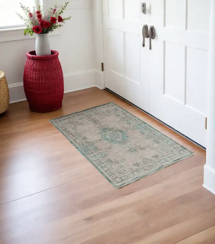 Gray and Green Medallion Non Skid Area Rug Photo 1
