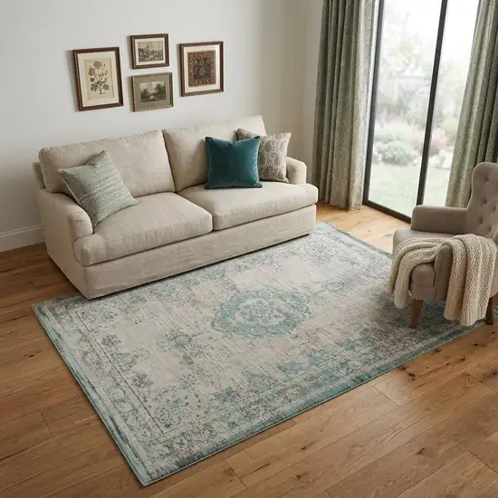 Gray and Green Medallion Non Skid Area Rug Photo 1