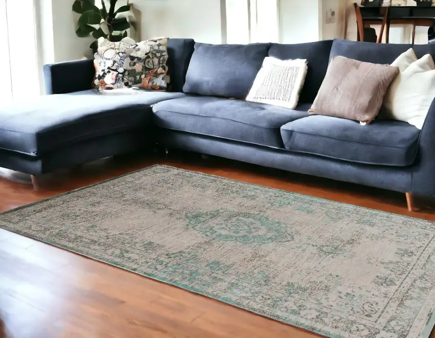 Gray and Green Medallion Non Skid Area Rug Photo 1