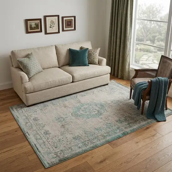 Gray and Green Medallion Non Skid Area Rug Photo 1