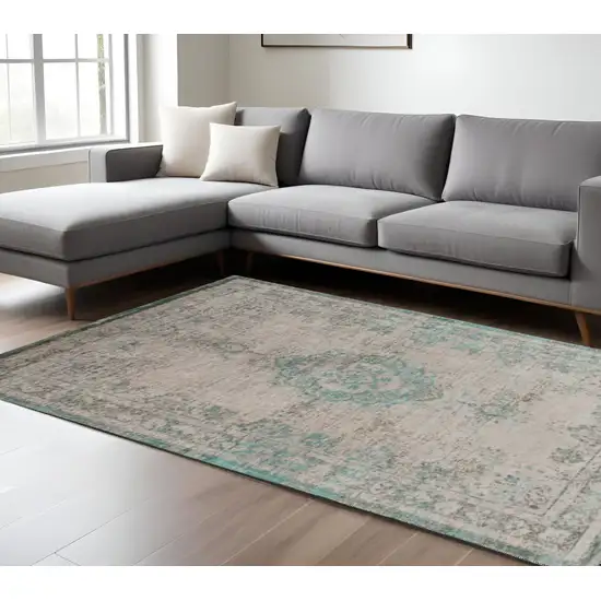 Gray and Green Medallion Non Skid Area Rug Photo 1