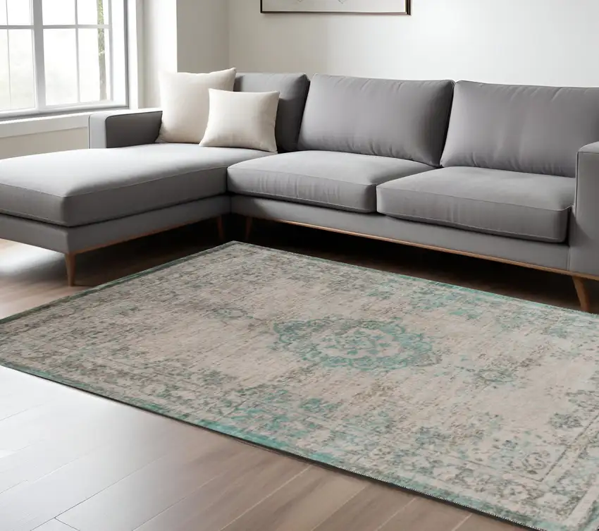 Gray and Green Medallion Non Skid Area Rug Photo 1