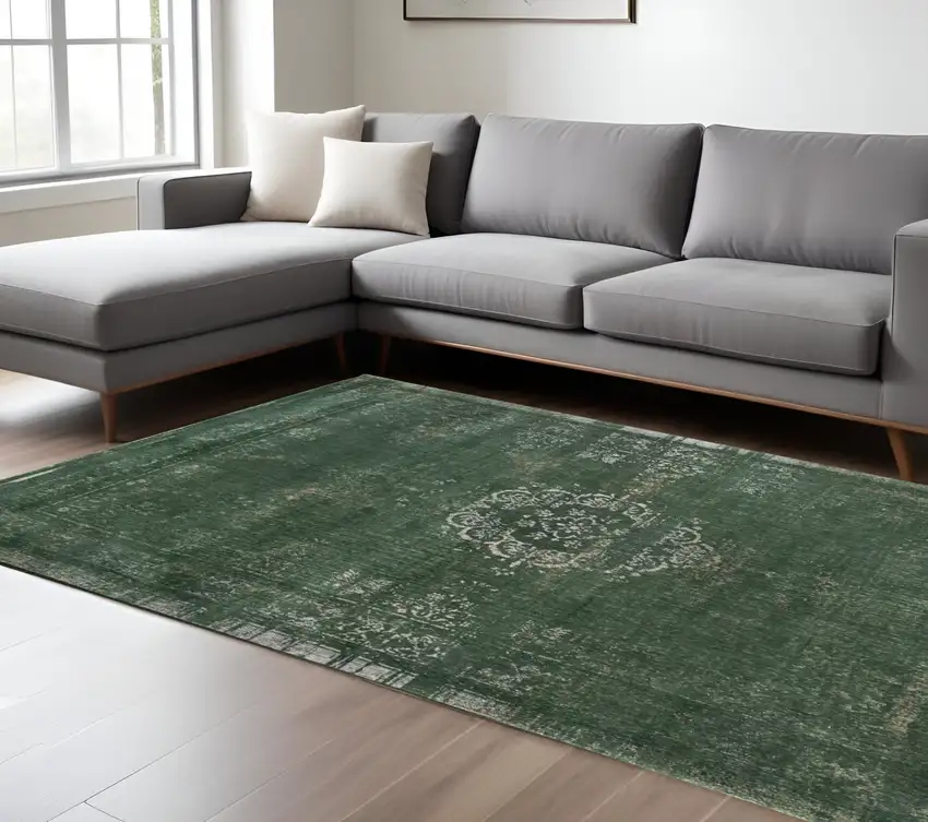 Gray and Green Medallion Non Skid Area Rug Photo 1