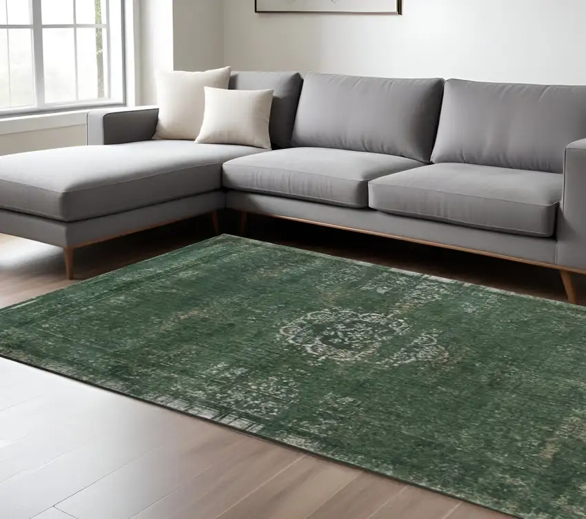 Gray and Green Medallion Non Skid Area Rug Photo 1
