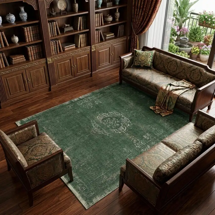 Gray and Green Medallion Non Skid Area Rug Photo 1