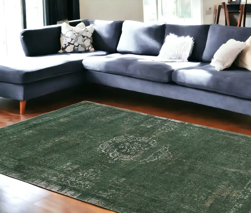 Gray and Green Medallion Non Skid Area Rug Photo 1