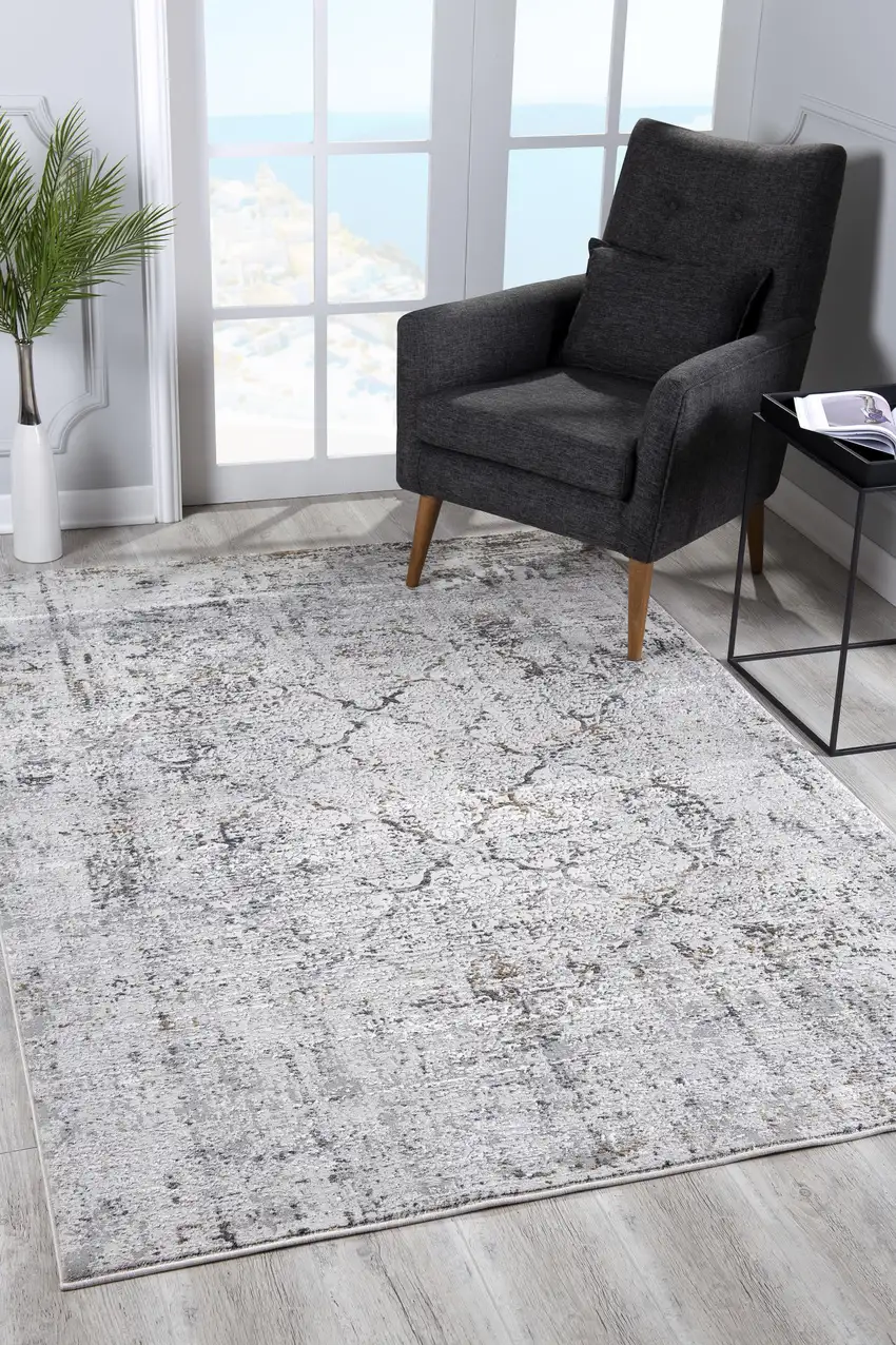 Gray and Ivory Abstract Distressed Area Rug Photo 7