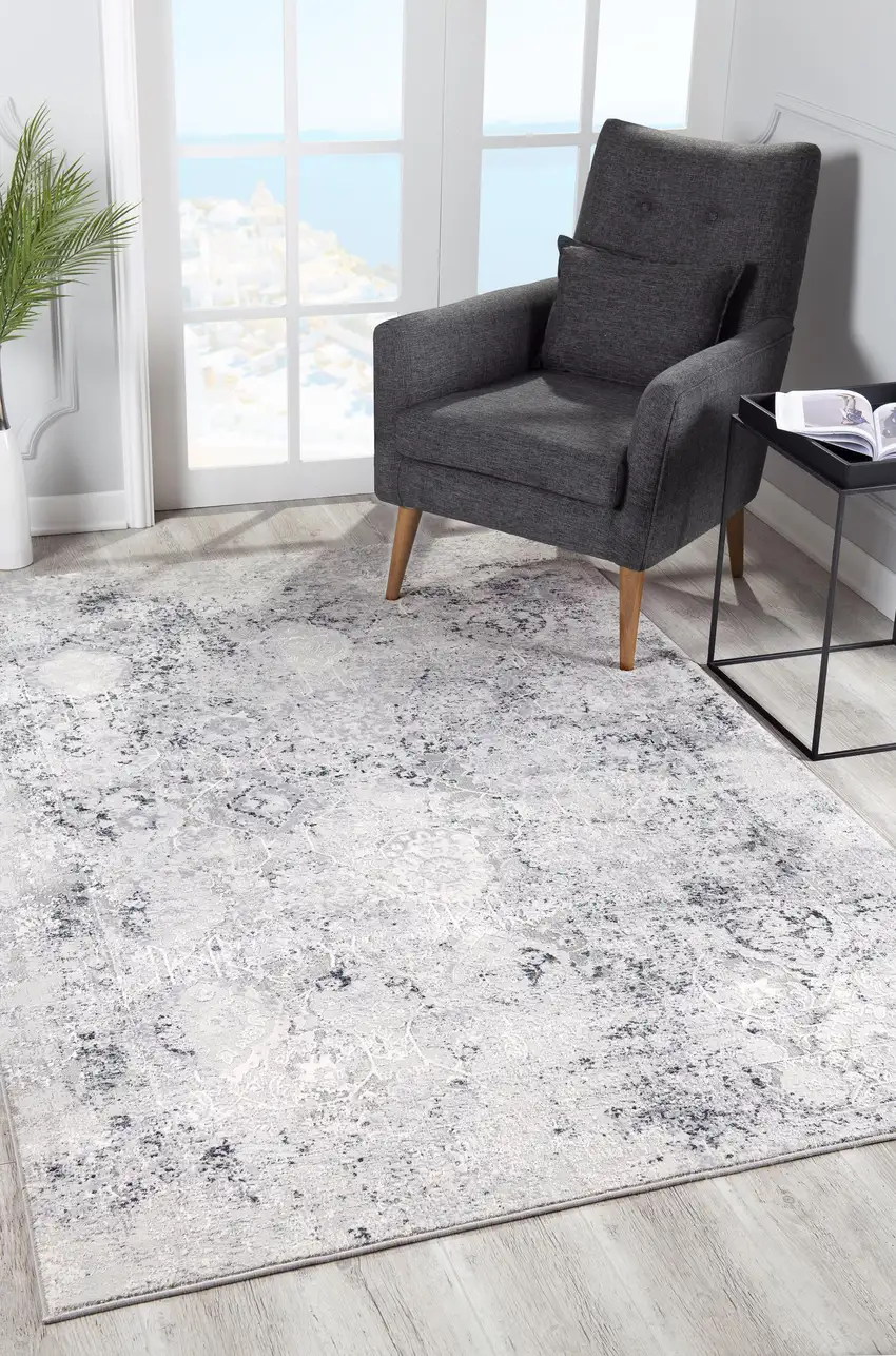 Gray and Ivory Abstract Distressed Area Rug Photo 7