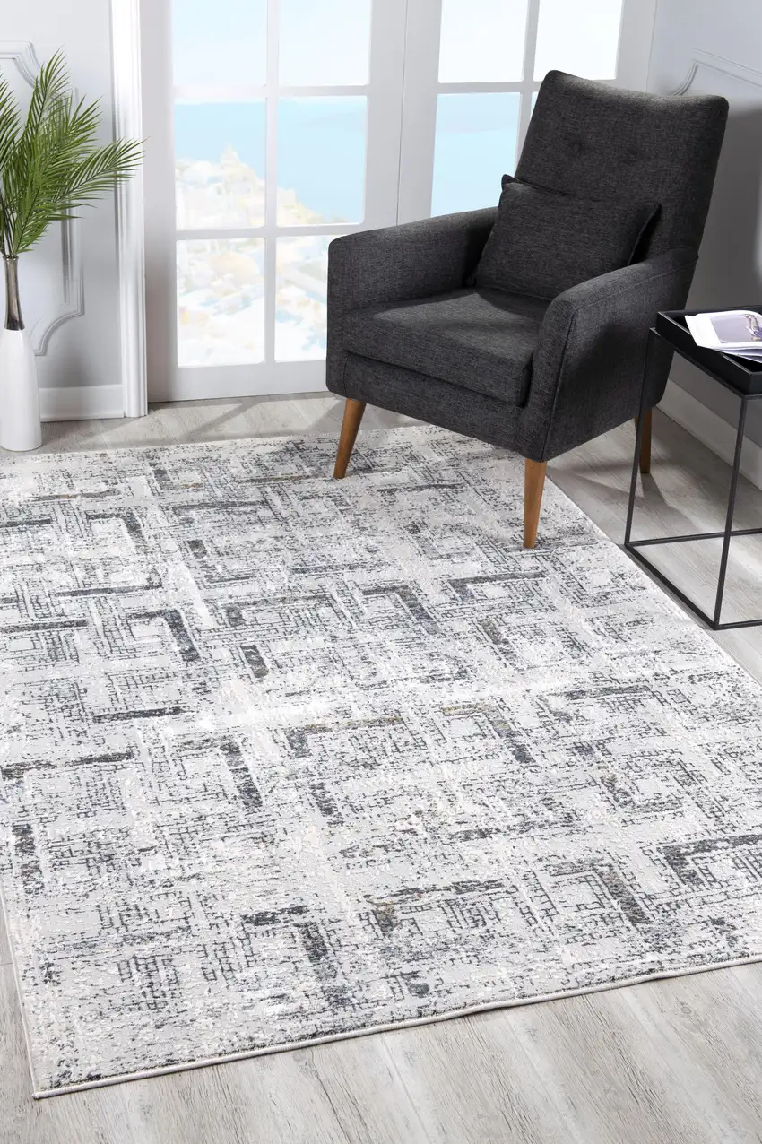Gray and Ivory Abstract Distressed Area Rug Photo 9