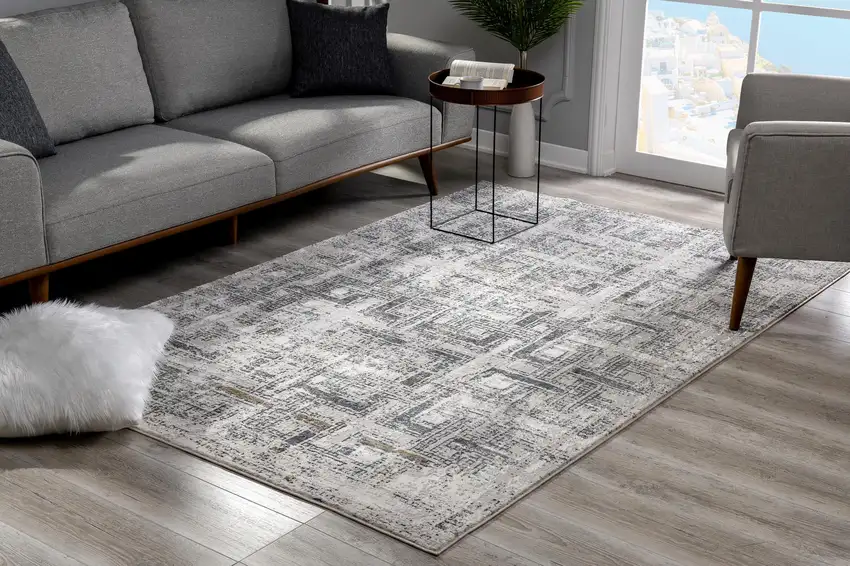 Gray and Ivory Abstract Distressed Area Rug Photo 10