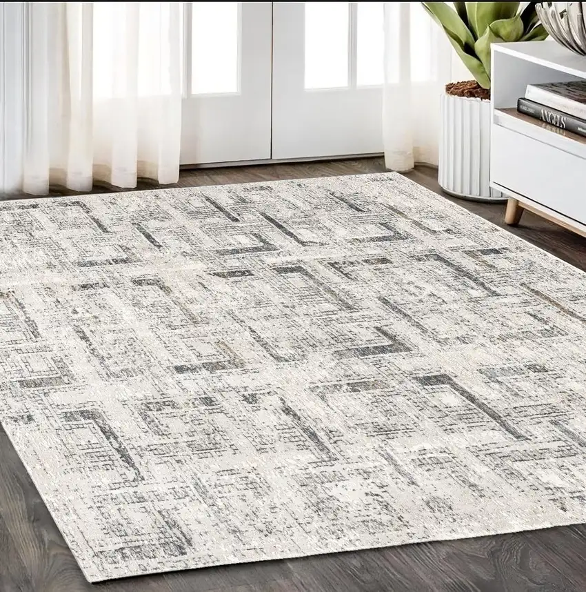 Gray and Ivory Abstract Power Loom Area Rug Photo 1