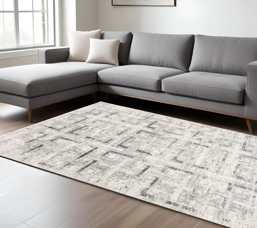 Gray and Ivory Abstract Power Loom Area Rug Photo 1