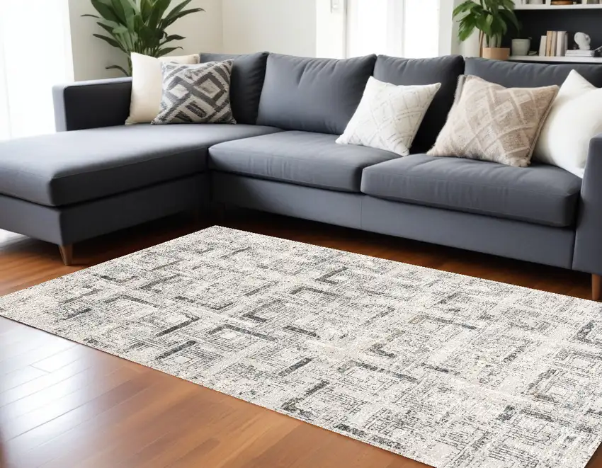 Gray and Ivory Abstract Power Loom Area Rug Photo 1