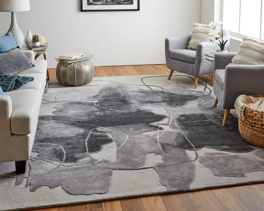 Gray and Ivory Abstract Hand Tufted Area Rug Photo 9