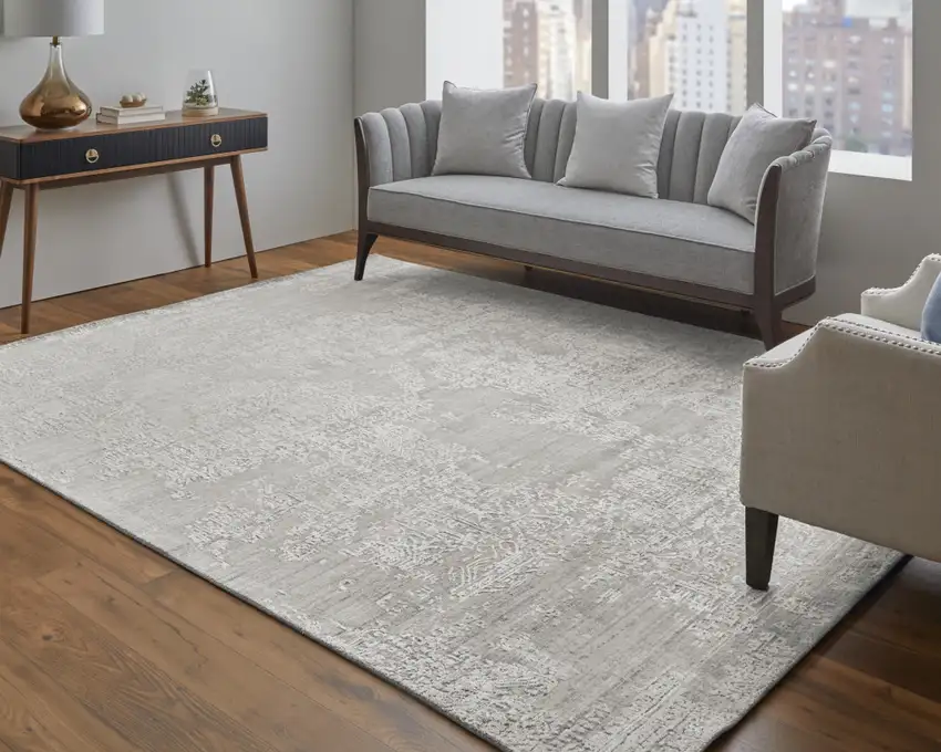 Gray and Ivory Abstract Hand Woven Worn Faded Area Rug Photo 8