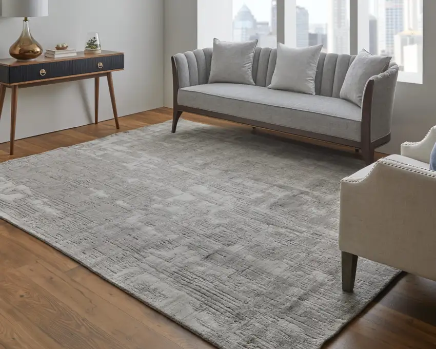 Gray and Ivory Abstract Hand Woven Worn Faded Area Rug Photo 6