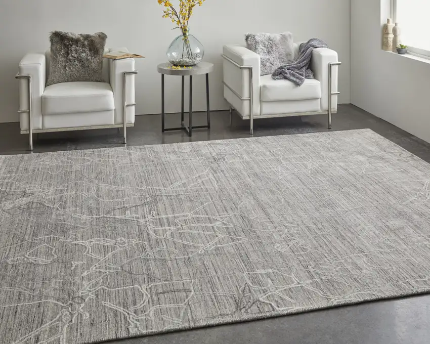 Gray and Ivory Abstract Hand Woven Worn Faded Area Rug Photo 9