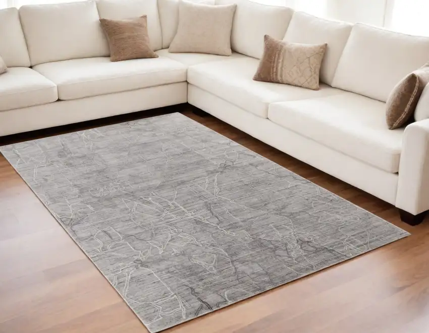 Gray and Ivory Abstract Hand Woven Worn Faded Area Rug Photo 1