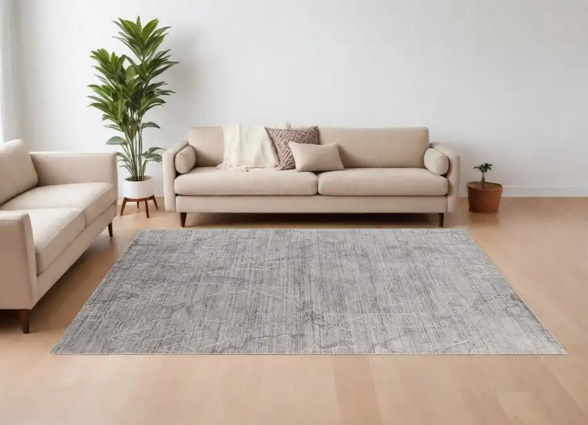 Gray and Ivory Abstract Hand Woven Worn Faded Area Rug Photo 1