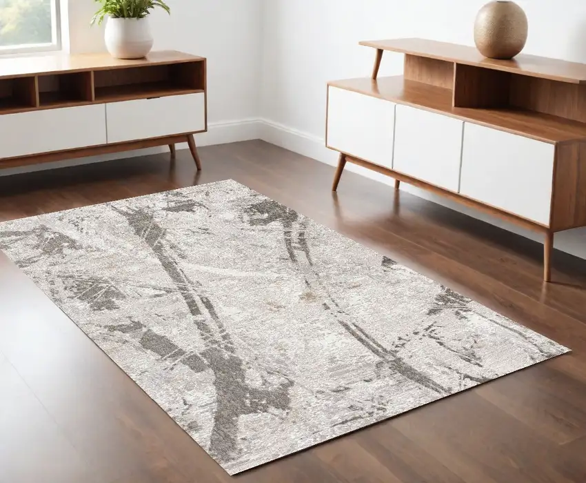 Gray and Ivory Abstract Power Loom Area Rug Photo 1