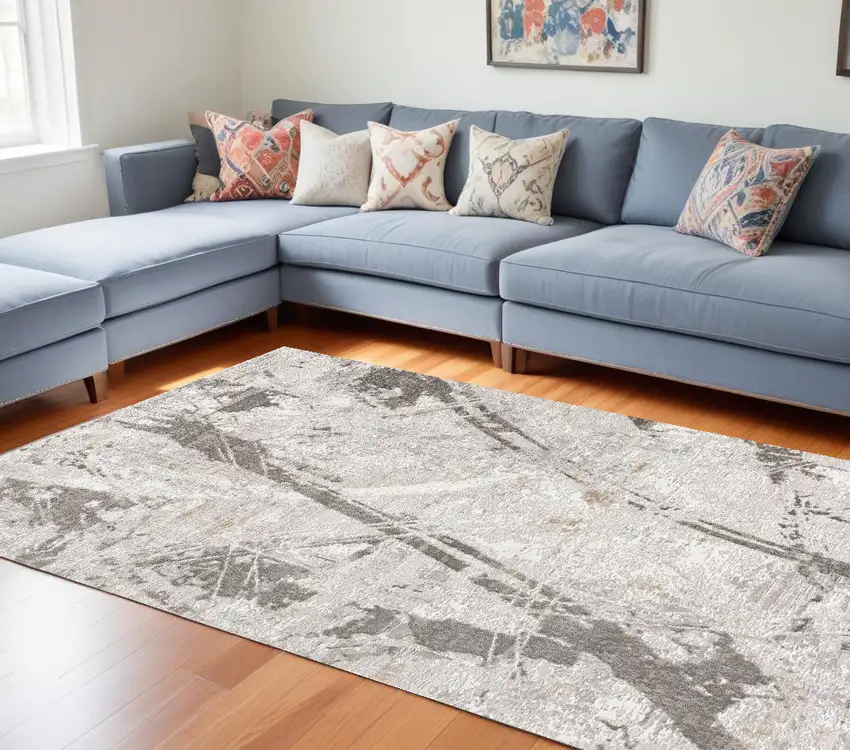 Gray and Ivory Abstract Power Loom Area Rug Photo 1