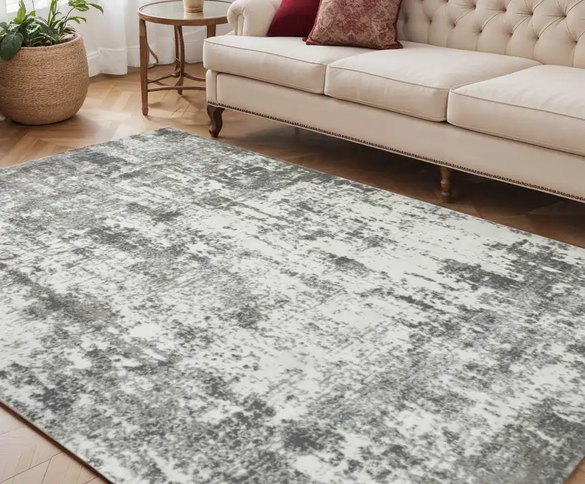 Ivory and Gray Abstract Power Loom Area Rug Photo 1