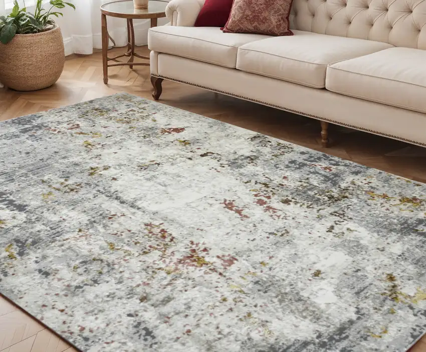 Ivory Gray and Gold Abstract Power Loom Area Rug Photo 1