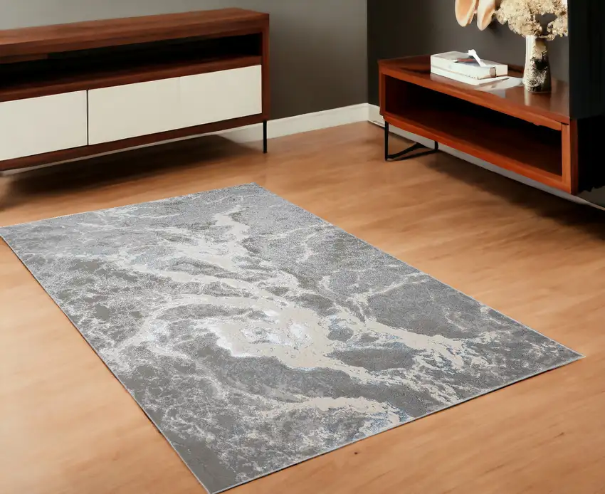 Gray and Ivory Abstract Power Loom Area Rug Photo 1