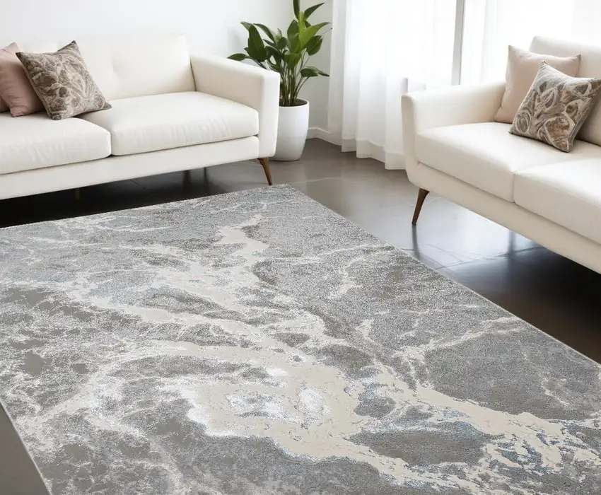 Gray and Ivory Abstract Power Loom Area Rug Photo 1