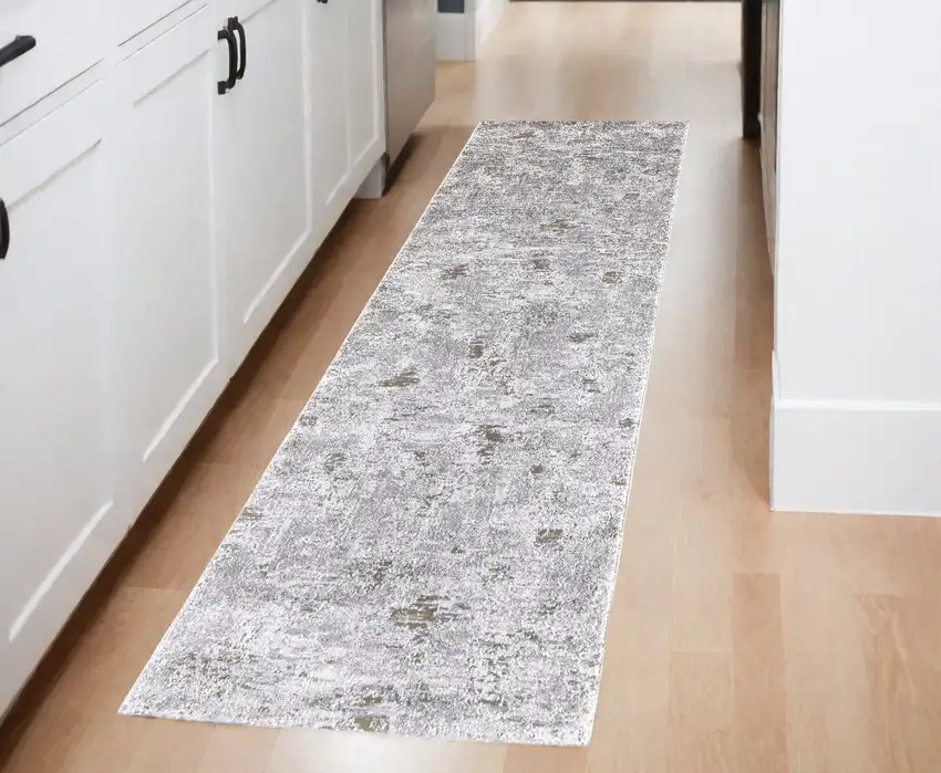 Gray and Ivory Abstract Power Loom Distressed Runner Rug Photo 1
