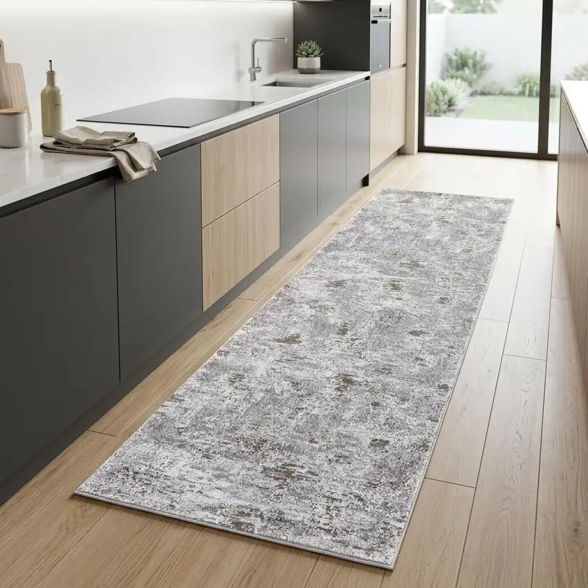 8' Gray Ivory And Tan Abstract Distressed Runner Rug Photo 1