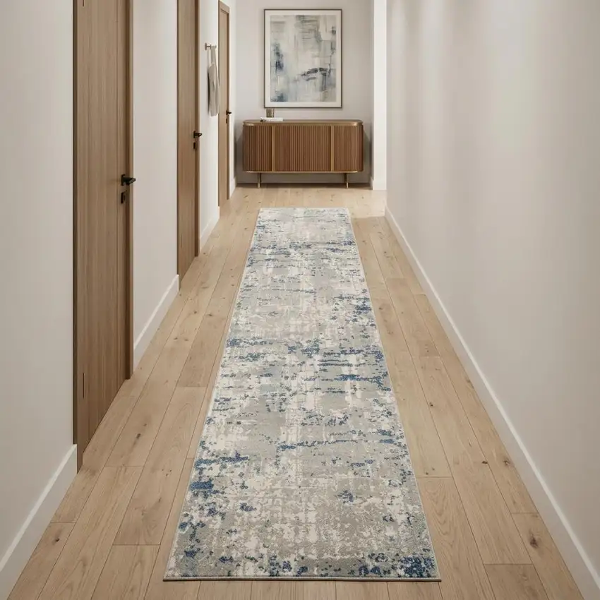 16' Gray And Ivory Abstract Runner Rug Photo 1
