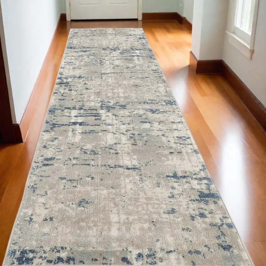 Gray and Ivory Abstract Power Loom Runner Rug Photo 1