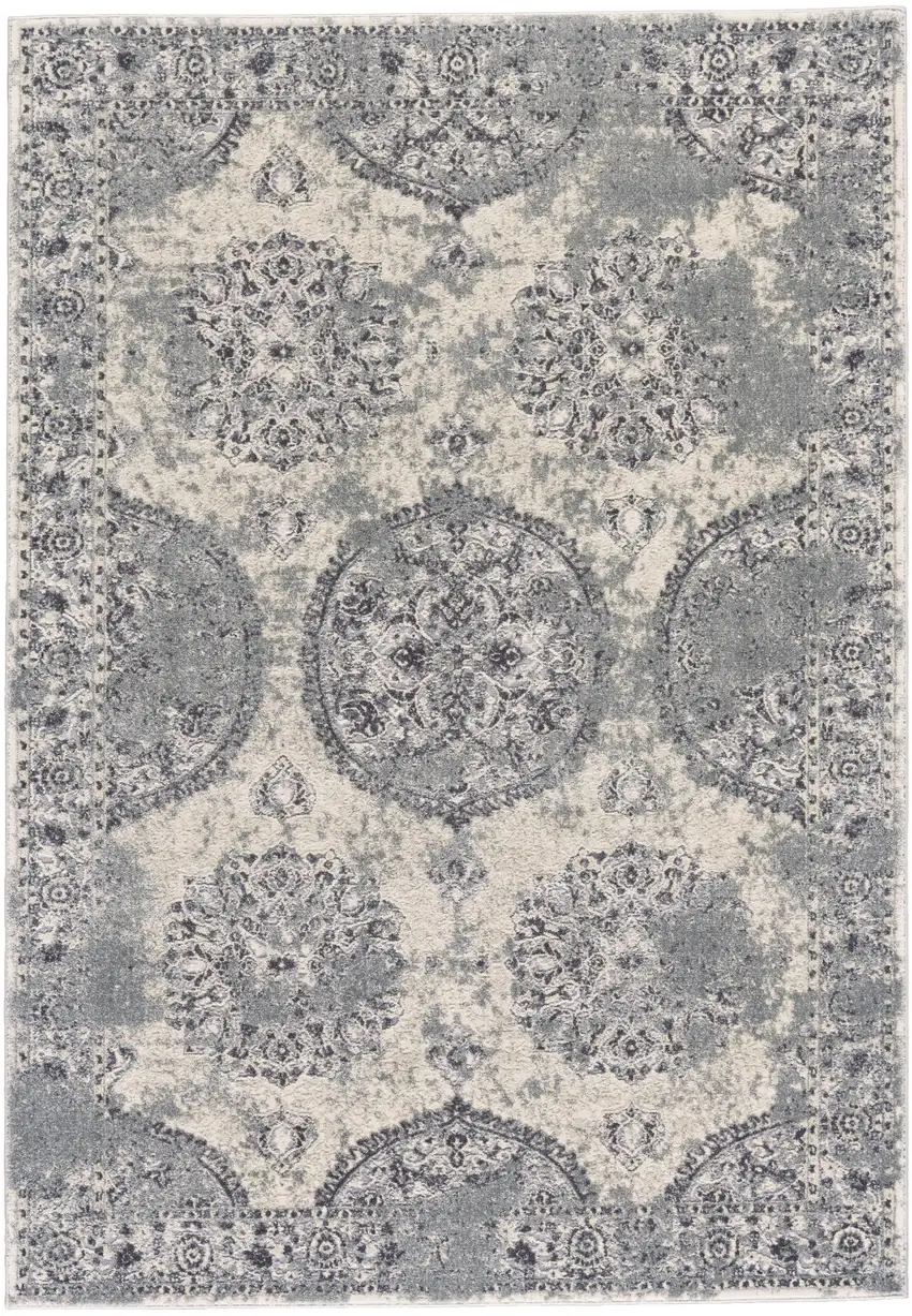 Gray and Ivory Abstract Power Loom Worn Faded Area Rug Photo 2