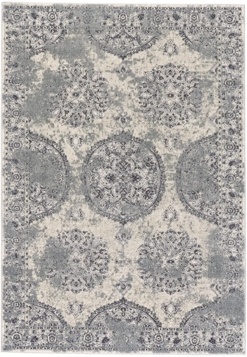 Gray and Ivory Abstract Power Loom Worn Faded Area Rug Photo 3