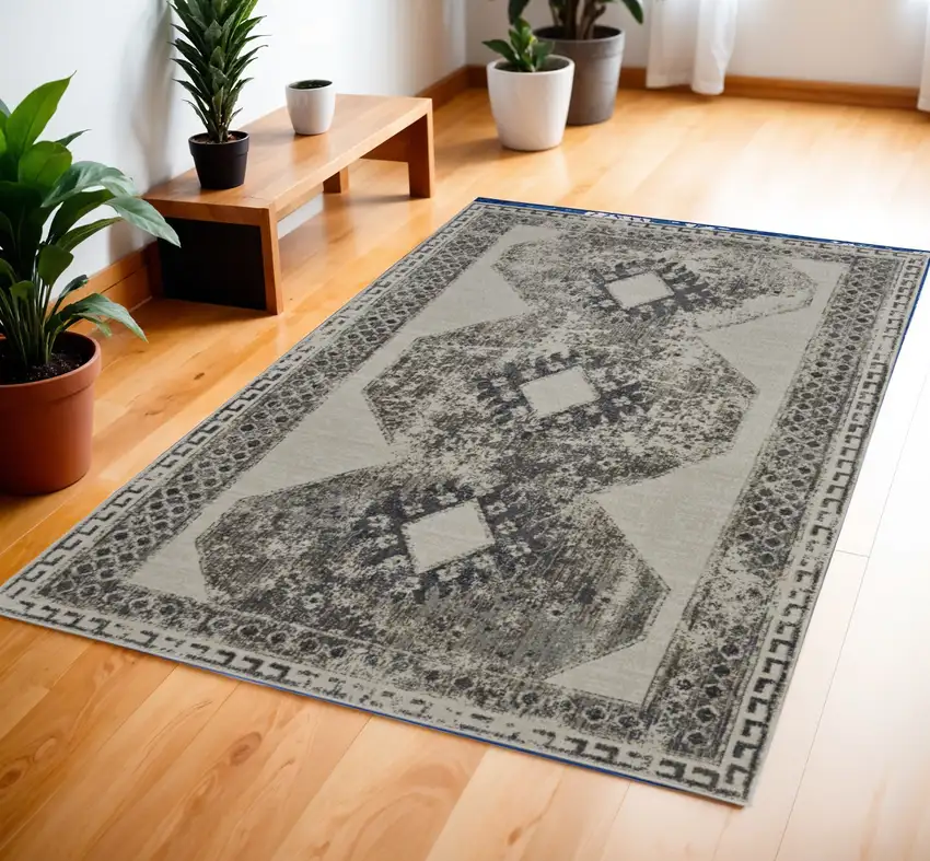 Gray and Ivory Abstract Power Loom Worn Faded Area Rug Photo 1