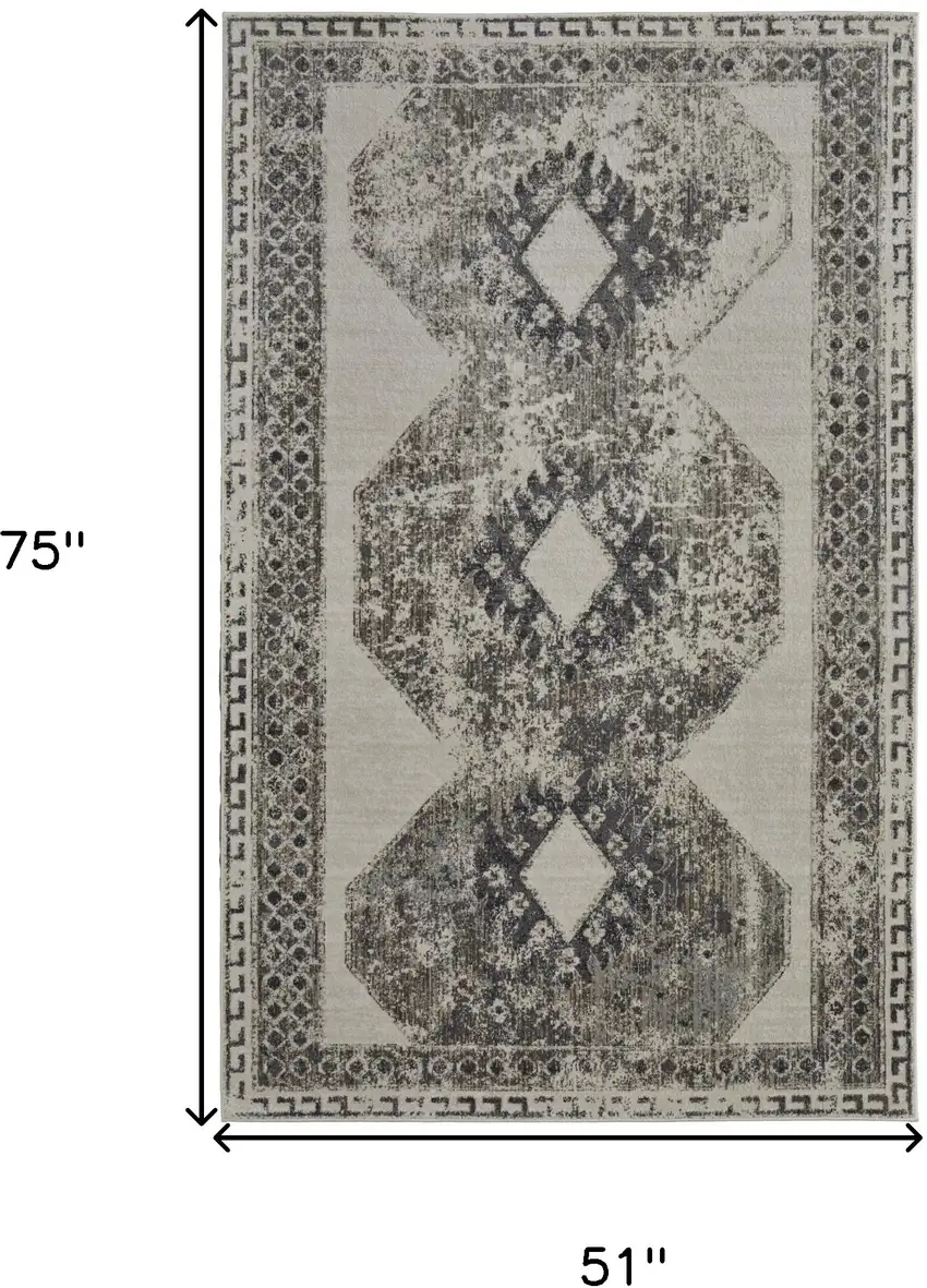 Gray and Ivory Abstract Power Loom Worn Faded Area Rug Photo 3