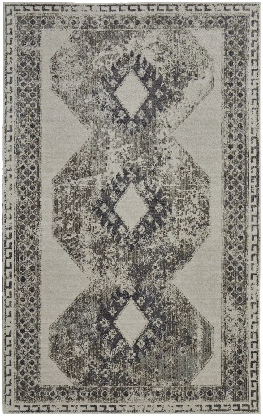 Gray and Ivory Abstract Power Loom Worn Faded Area Rug Photo 2