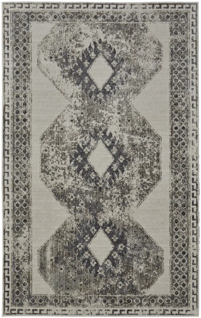 Gray and Ivory Abstract Power Loom Worn Faded Area Rug Photo 4