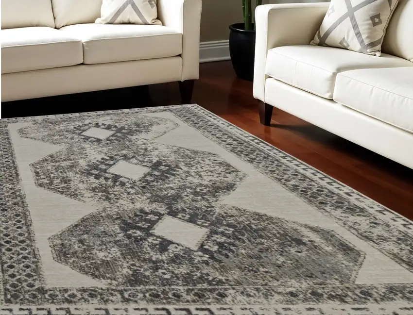 Gray and Ivory Abstract Power Loom Worn Faded Area Rug Photo 2