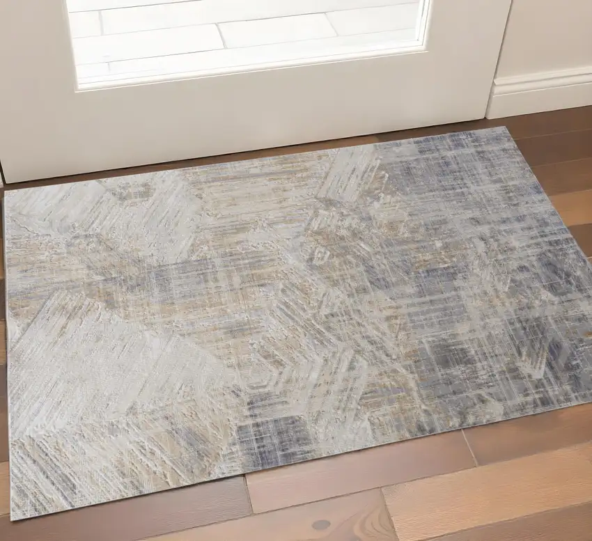 Ivory Gray And Tan Abstract Distressed Area Rug Photo 1