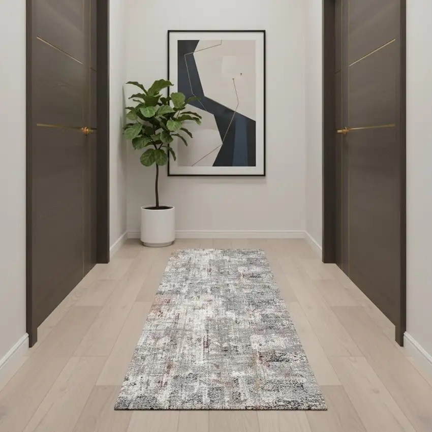 2' X 15' Gray And Ivory Abstract Runner Rug Photo 1