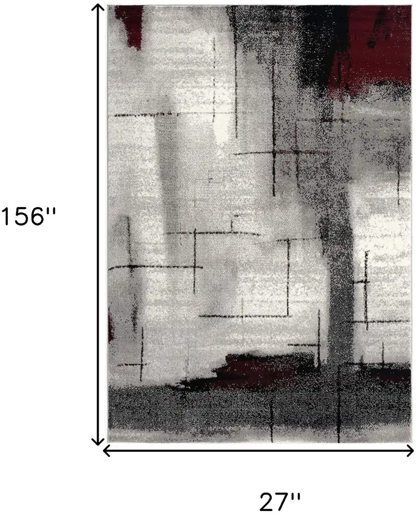 13' Gray and Ivory Abstract Shag Power Loom Runner Rug Photo 6