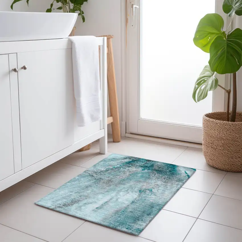 Gray and Ivory Abstract Washable Non Skid Indoor Outdoor Area Rug Photo 9