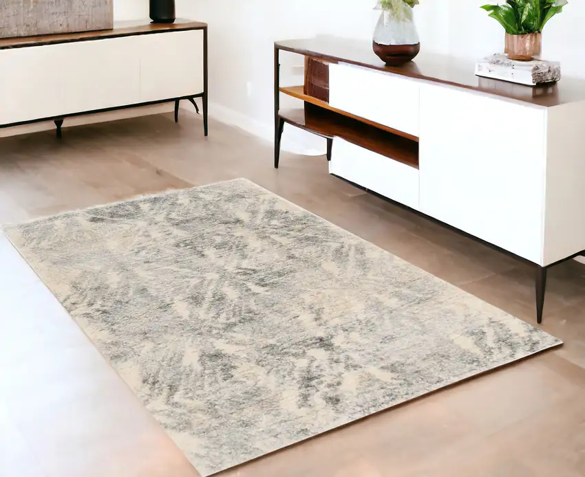 Gray and Ivory Damask Area Rug Photo 1