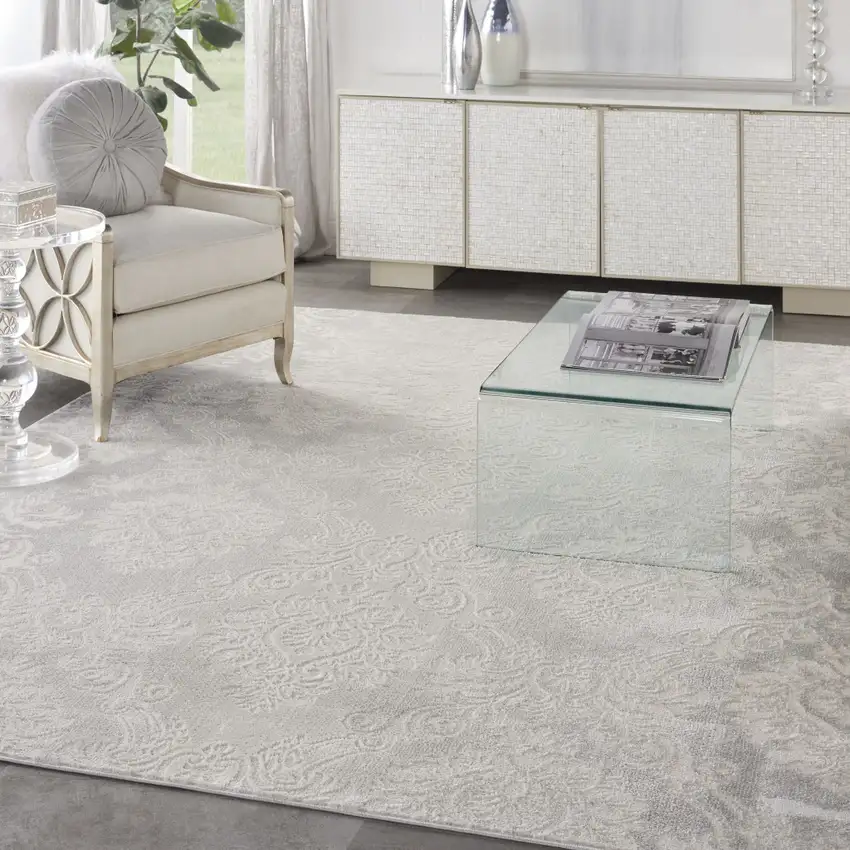Gray and Ivory Damask Distressed Non Skid Area Rug Photo 3